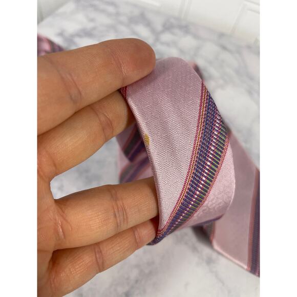 Daniel De Fasson, Pink Striped 100% Silk Tie, Handmade, Diagonal Striped, Flaw - Picture 3 of 6
